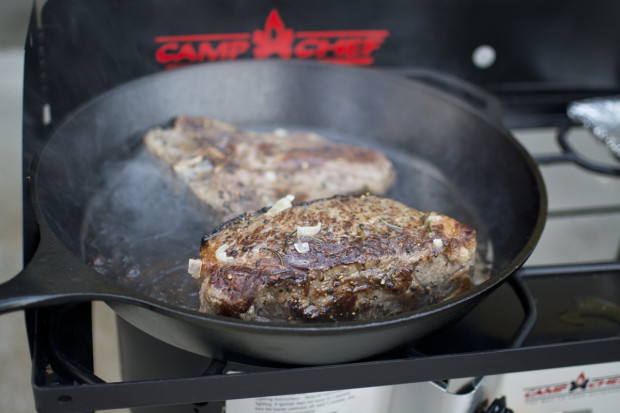 Camp-Chef-Lodge-Cooked-Steak-620x413 Gear Review: Camp Chef Explorer Two Burner Stove - Lodge Cast Iron Skillet Product Reviews  